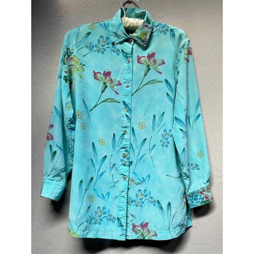 Real Clothes Saks Fifth Avenue Long Sleeve Floral Blouse Shirt Top Small Blue
